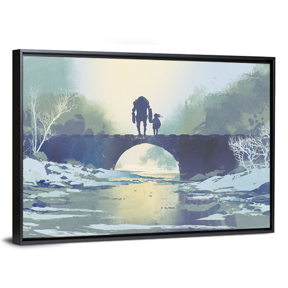 Robot and Little Girl on Bridge Wall Art