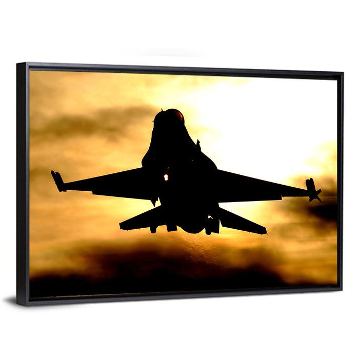 F-16 Sunset Silhouette Wall Art as a framed canvas