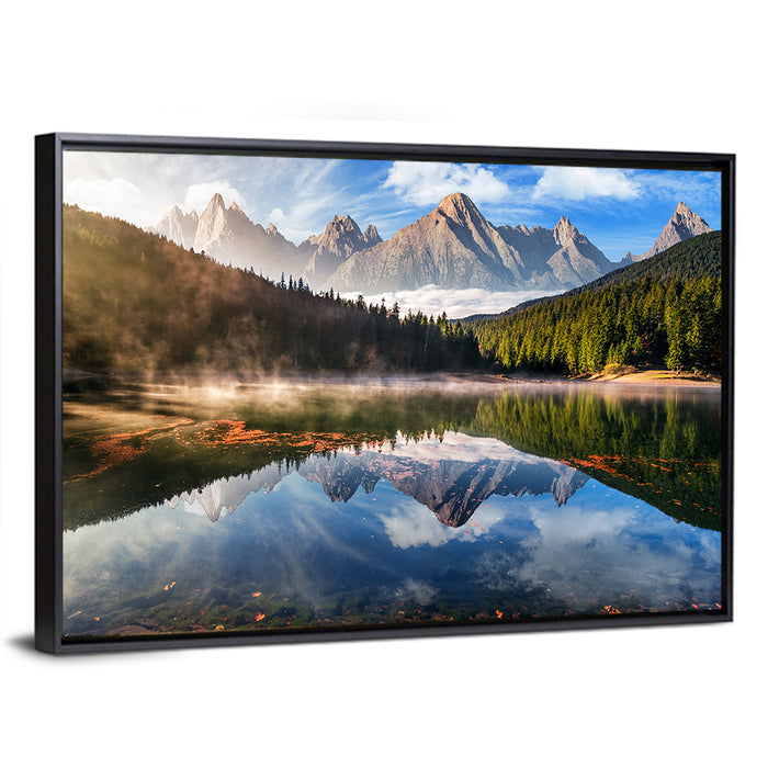 Morning Mist Mountain Lake Wall Art as a framed canvas