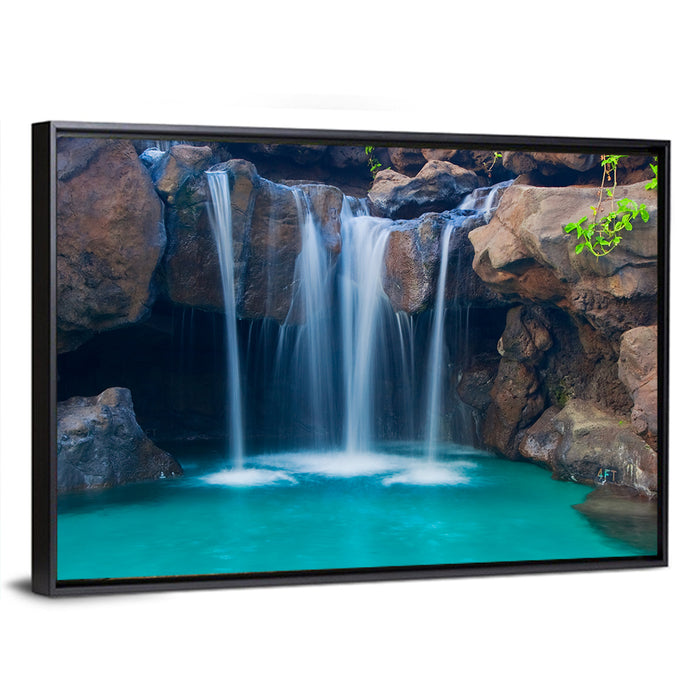 Waterfall Into Turquoise Pool Wall Art as a framed canvas