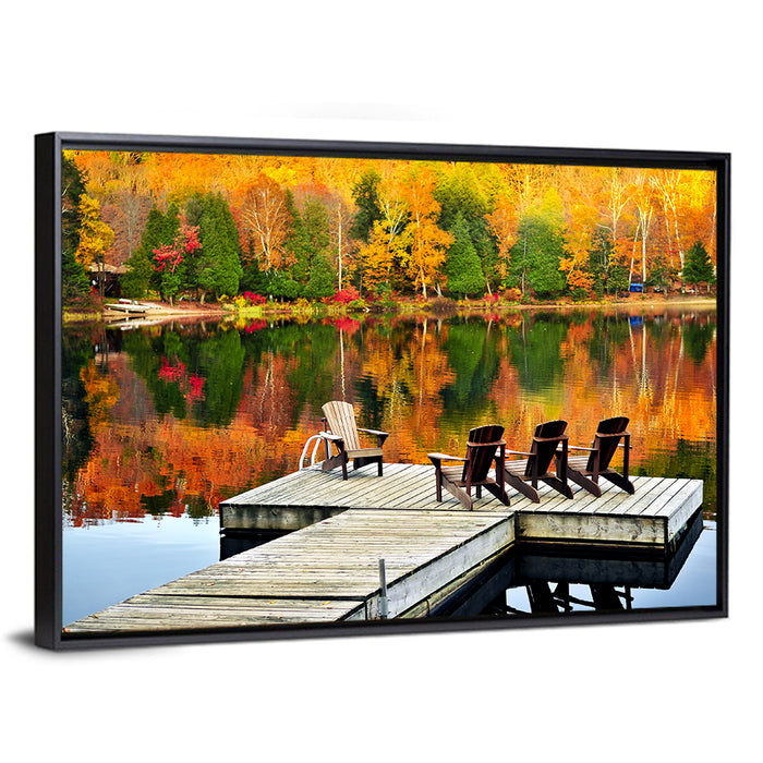 Autumn Lake Dock with Adirondack Chairs Wall Art as a framed canvas