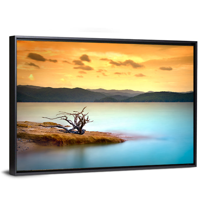 Gnarled Driftwood at Turquoise Lake Wall Art as a framed canvas