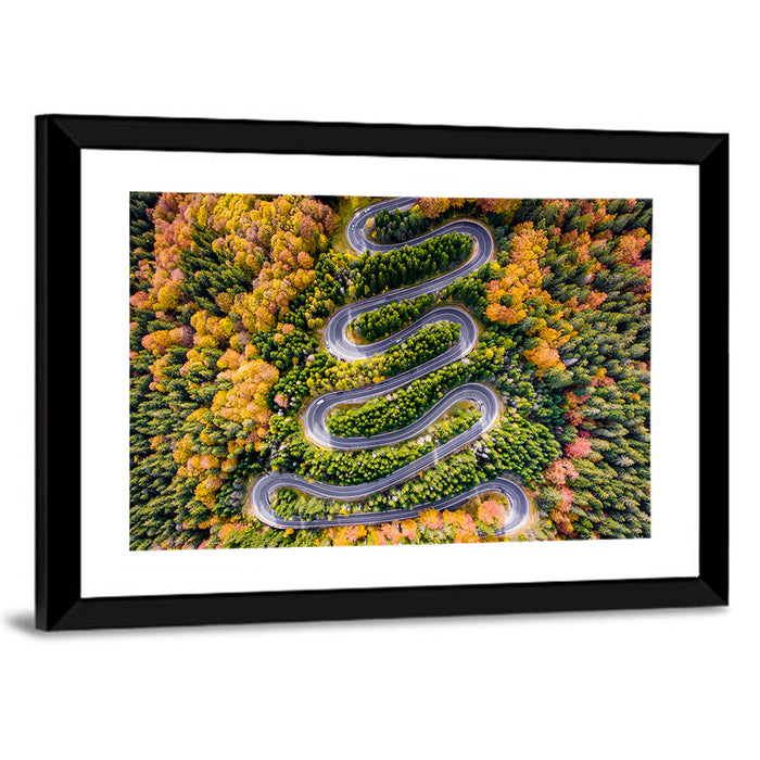 Autumn Winding Forest Road Wall Art as a framed print