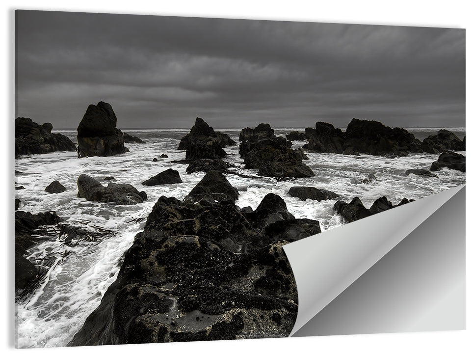 Moody Black and White Rocky Coast Waves Wall Art