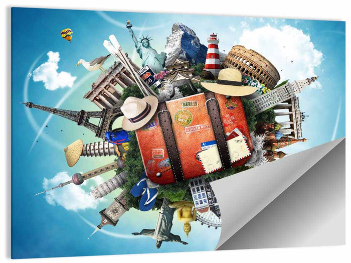 Suitcase and World Landmarks Montage Wall Art as a poster print