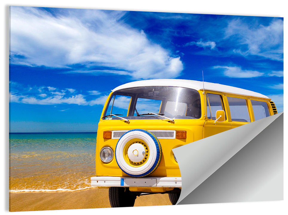 Yellow Vintage Van on Beach Wall Art