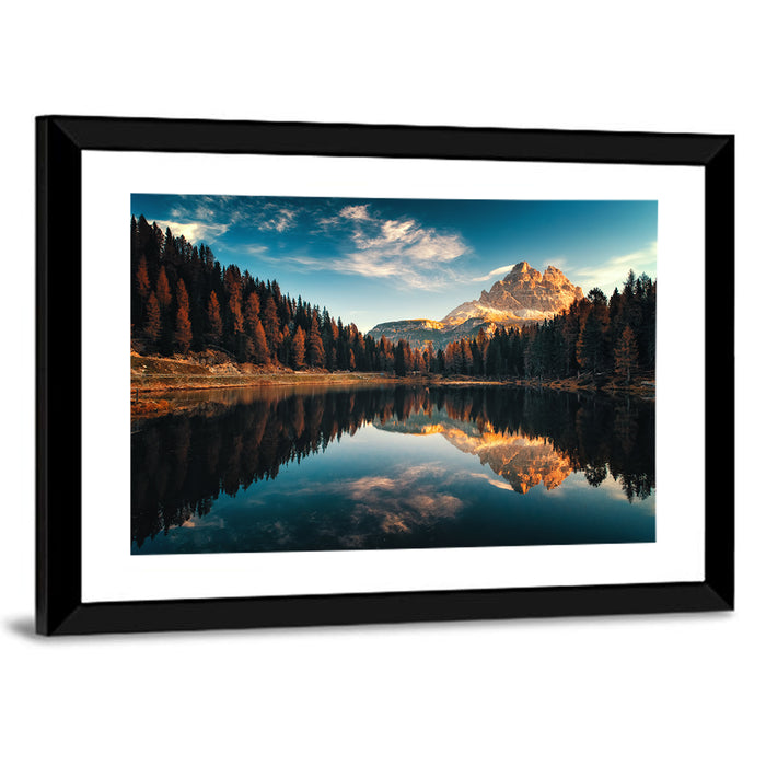 Lago Antorno Golden Hour Reflection Wall Art as a framed print