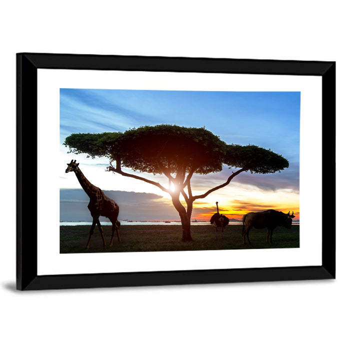 Savanna Silhouettes at Golden Hour Wall Art as a framed print