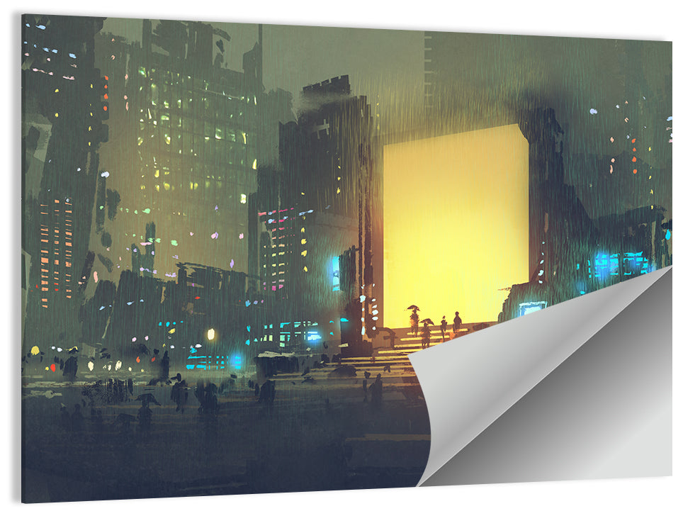 Rainy Night City with Glowing Portal Wall Art