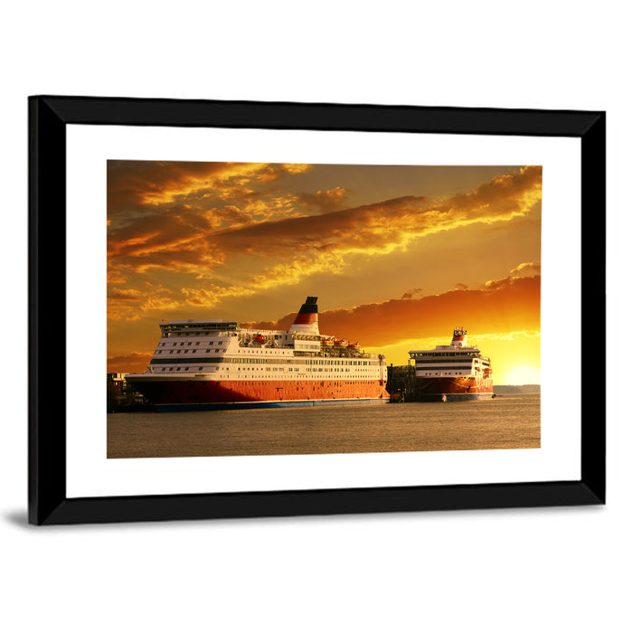 Red-hulled Cruise Ships at Dusk Wall Art as a framed print