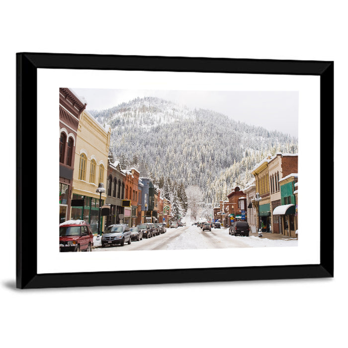 Snow Covered Mountain Main Street Wall Art as a framed print