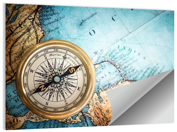 Vintage Compass Over Atlantic Map Wall Art as a poster print