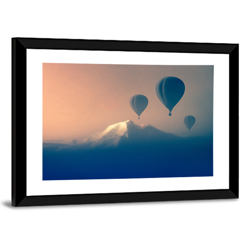 Three Hot Air Balloons Over Misty Peak Wall Art