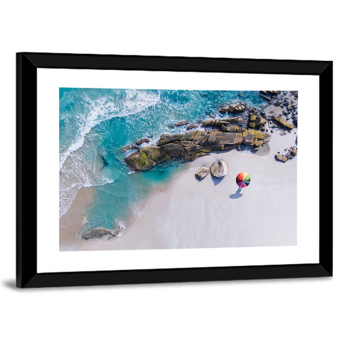 Aerial Beach with Rainbow Umbrella Wall Art as a framed print