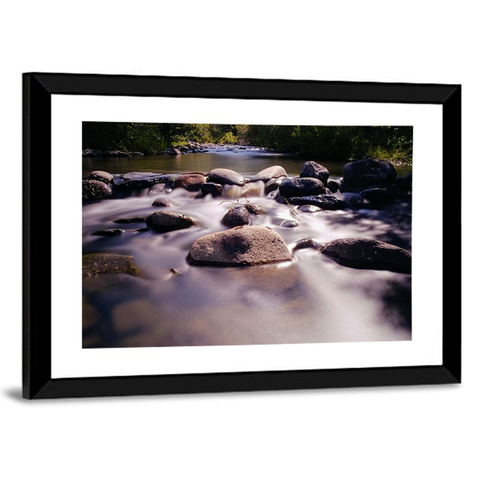 Truckee River Sunlit Rocks Wall Art as a framed print