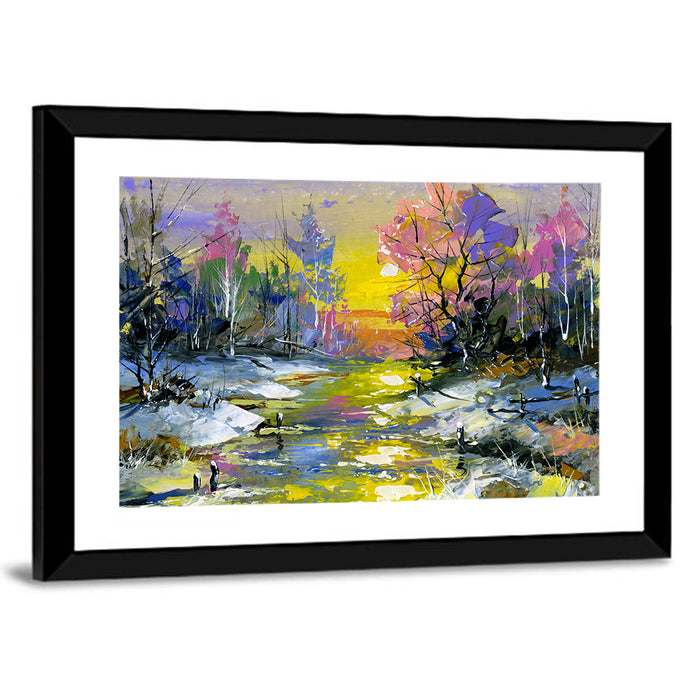 Golden Sunset Over Snowy Stream Wall Art as a framed print