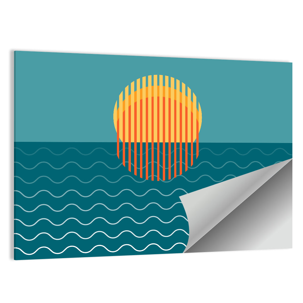 Teal Ocean Sunset Illustration Wall Art