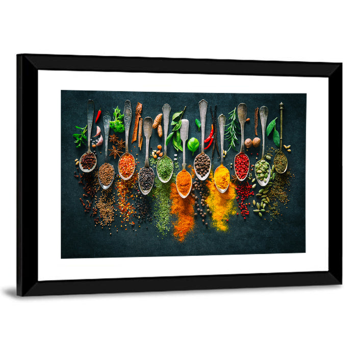 Assorted Spices and Spoons Wall Art as a framed print
