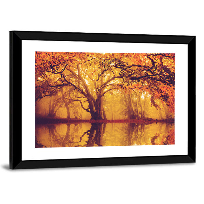 Golden Mist Forest Reflection Wall Art as a framed print