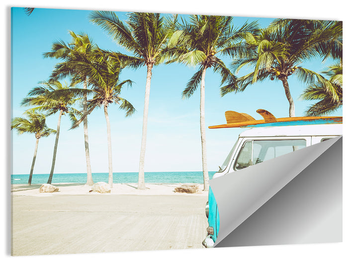 Vintage Vw Bus on Tropical Beach Wall Art as a poster print