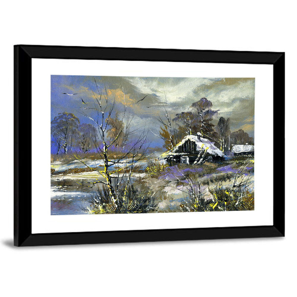 Winter Cottage by the River Wall Art