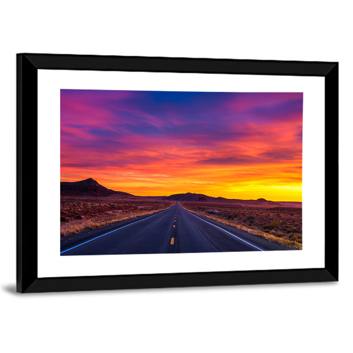 Infinite Desert Road Sunset Wall Art as a framed print