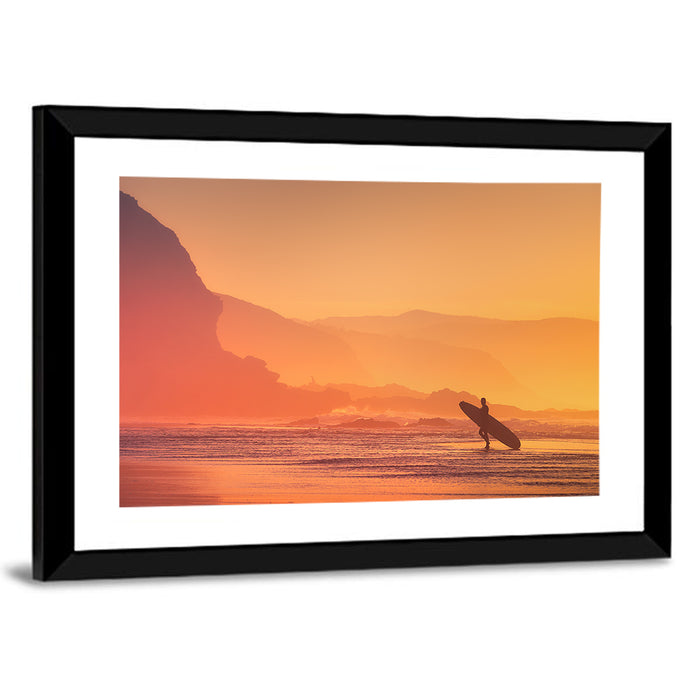 Surfer Silhouette at Golden Sunset Wall Art as a framed print