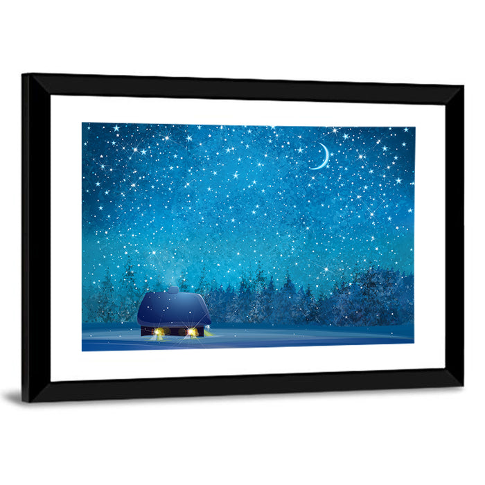 Winter Cottage Under Crescent Moon Wall Art as a framed print