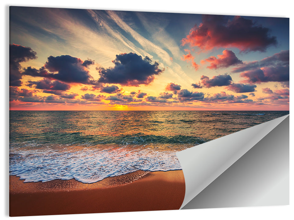 Golden Hour Beach Waves Under Cloudy Sky Wall Art