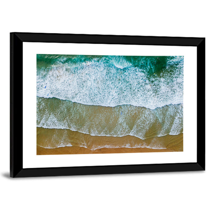 Aerial Teal Beach with Surfers Wall Art as a framed print