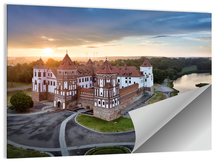 Mir Castle Sunrise Over Lake Wall Art as a poster print
