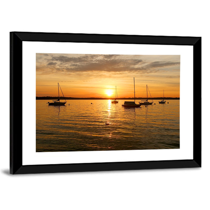 Lake Mendota Golden Sailboats Wall Art as a framed print