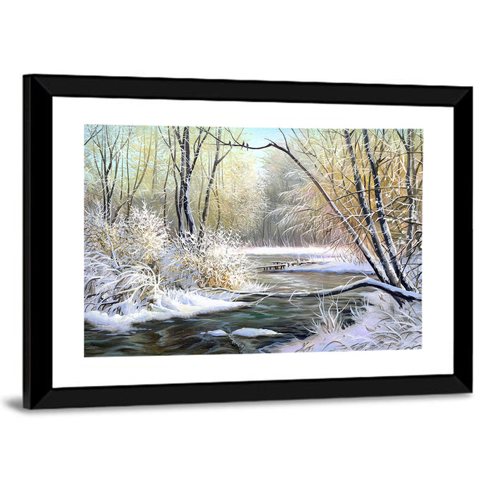 Frozen River with Perched Birds Wall Art as a framed print
