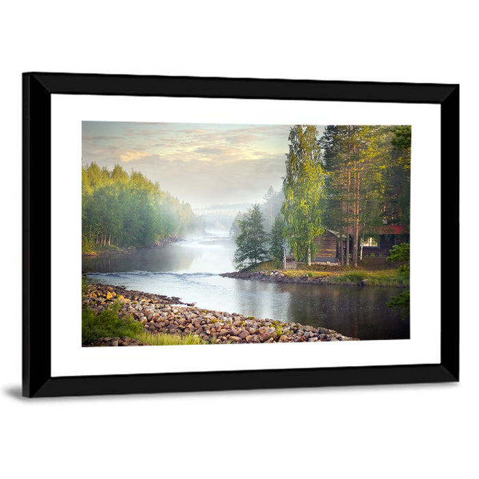 Misty River with Red Roof Cabin Wall Art as a framed print