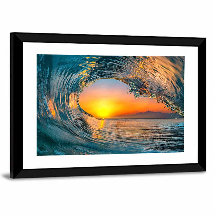 Cresting Wave Tunnel at Sunset Wall Art as a framed print