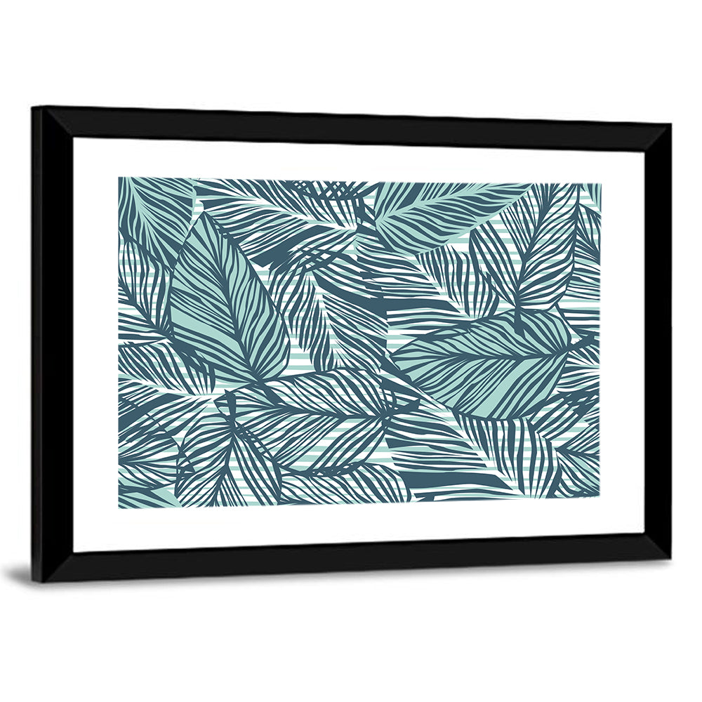 Striped Blue Palm Leaves Pattern Wall Art