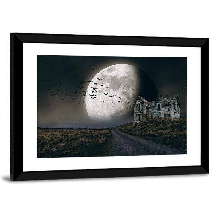 Haunted House Under Full Moon Wall Art as a framed print