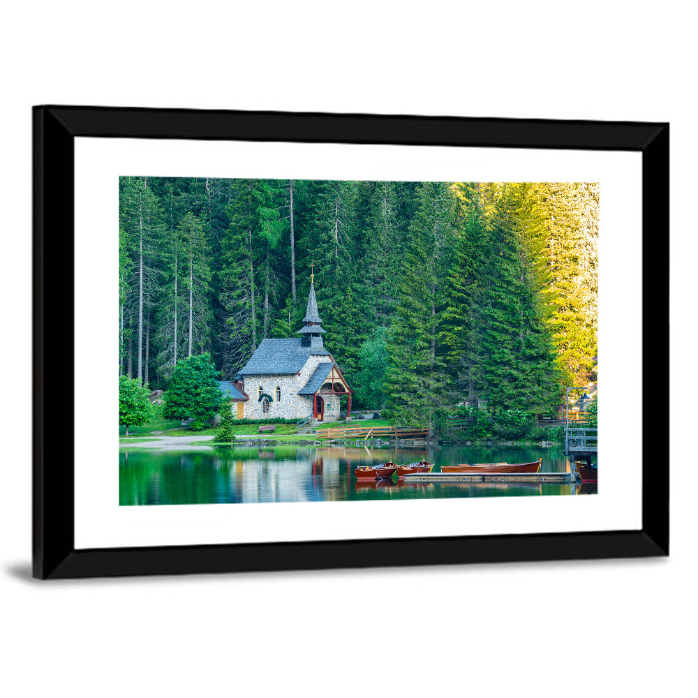 Lago Di Braies Chapel Reflection Wall Art