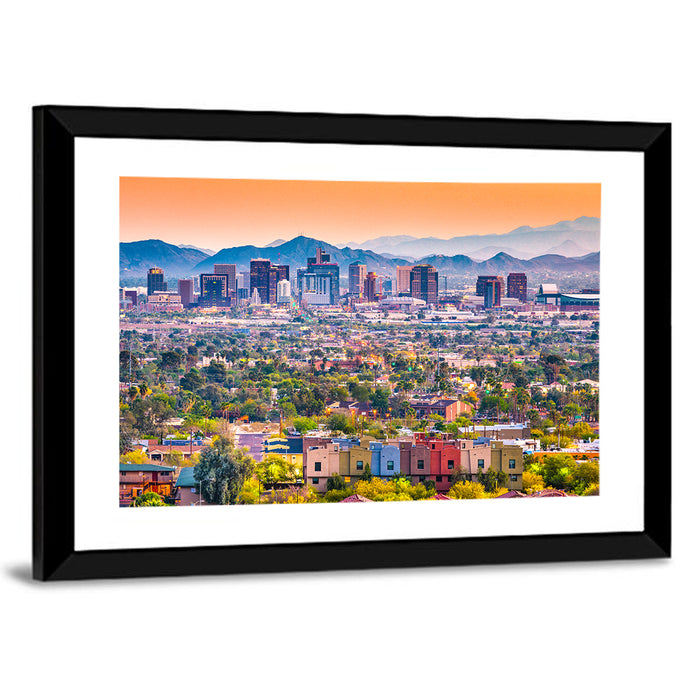 Phoenix Golden Hour Cityscape Wall Art as a framed print