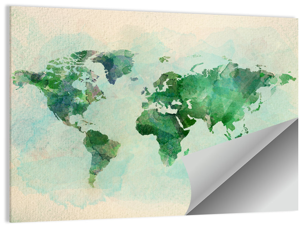 Green Watercolor World Map Wall Art