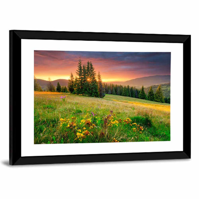 Sunset Meadow with Wildflowers Wall Art as a framed print