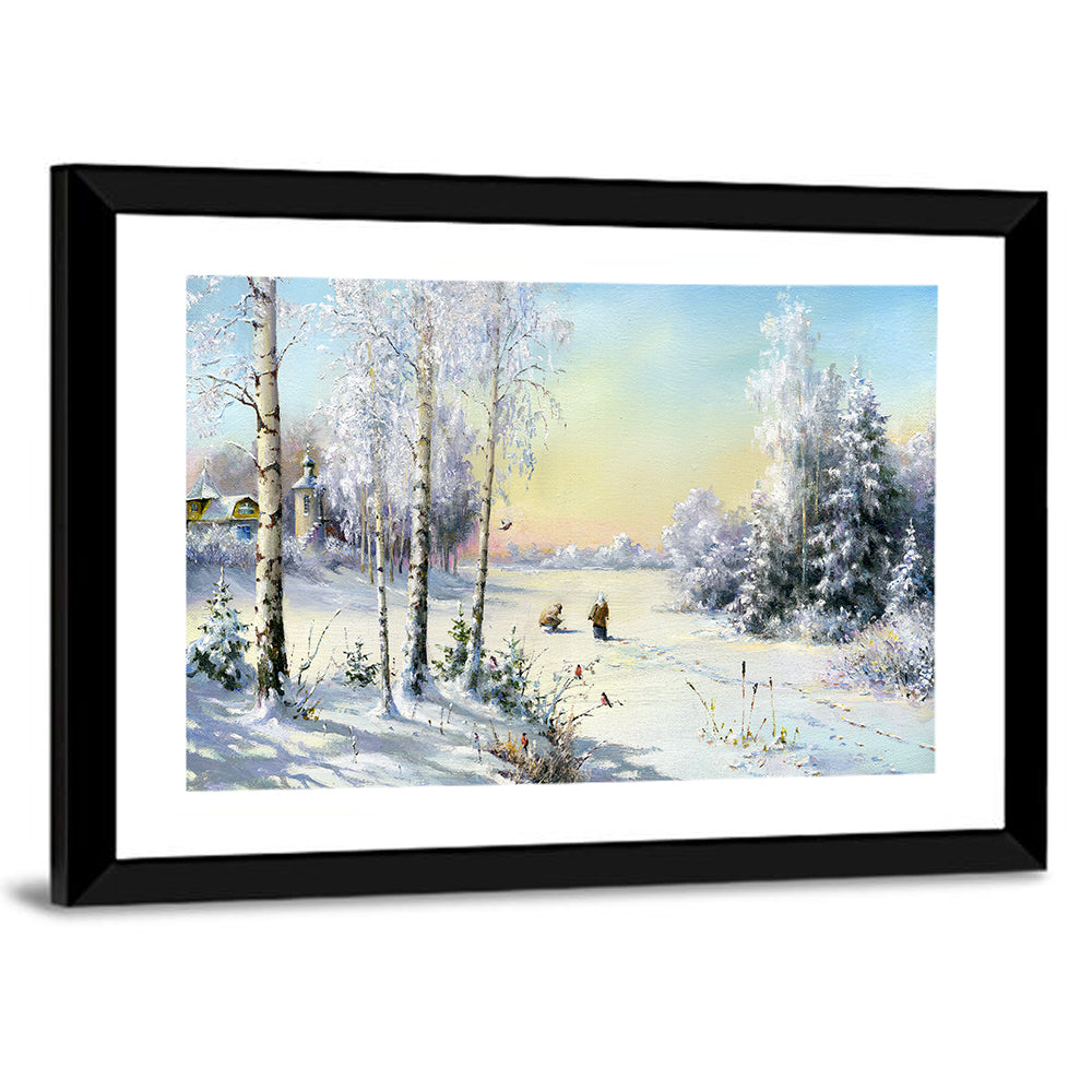 Birch-framed Winter Village Wall Art