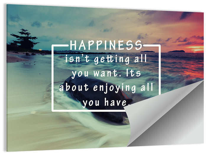 Happiness Quote on Sunset Beach Wall Art as a poster print