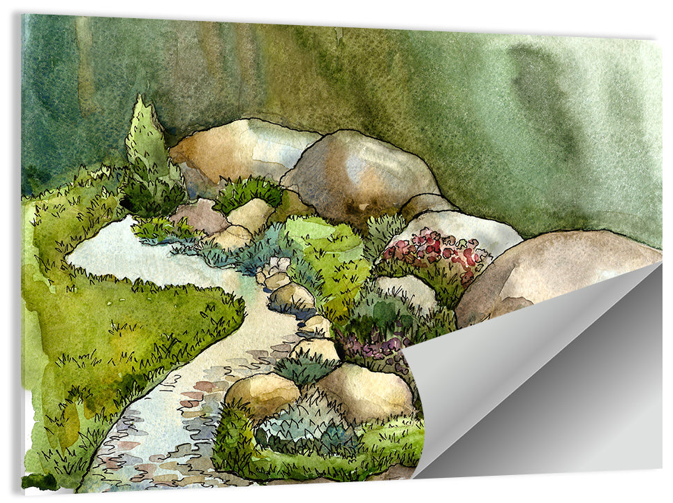 Watercolor Rock Garden Stream Wall Art