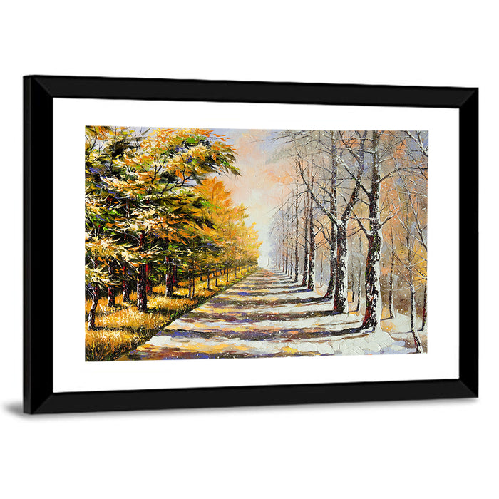 Autumn to Winter Forest Path Wall Art as a framed print