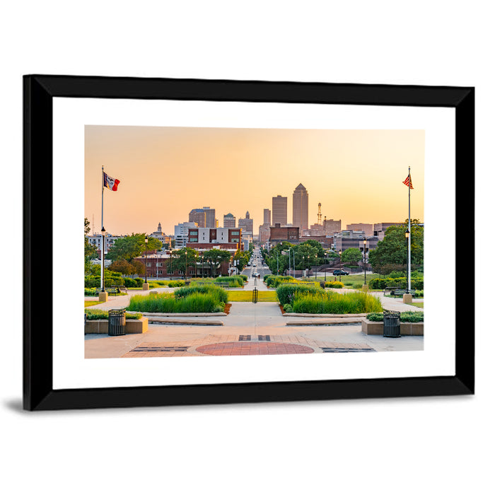 Des Moines Golden Hour Skyline Wall Art as a framed print