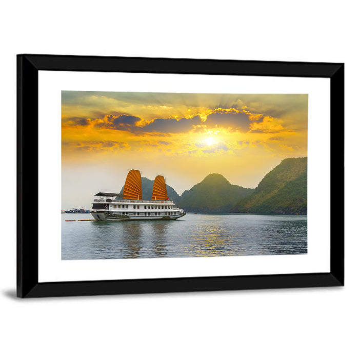 Ha Long Bay Sunset with Orange Sails Wall Art as a framed print