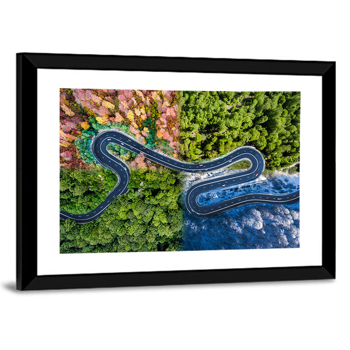 Four Seasons Winding Road Wall Art as a framed print