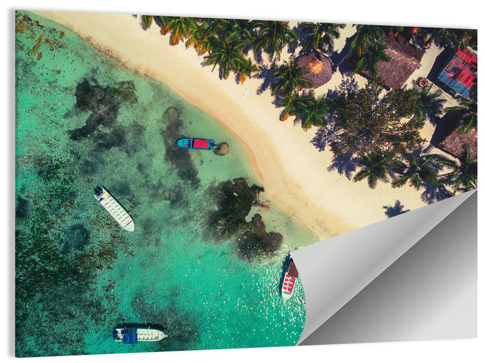 Aerial Tropical Shoreline with Six Boats Wall Art as a poster print