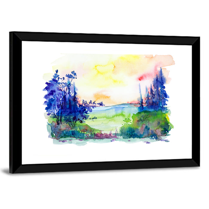 Sunrise Over Summer Forest Wall Art as a framed print